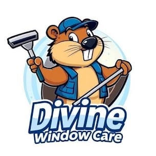 Divine Window Care logo featuring cartoon beaver mascot in blue cap holding squeegee and water tool